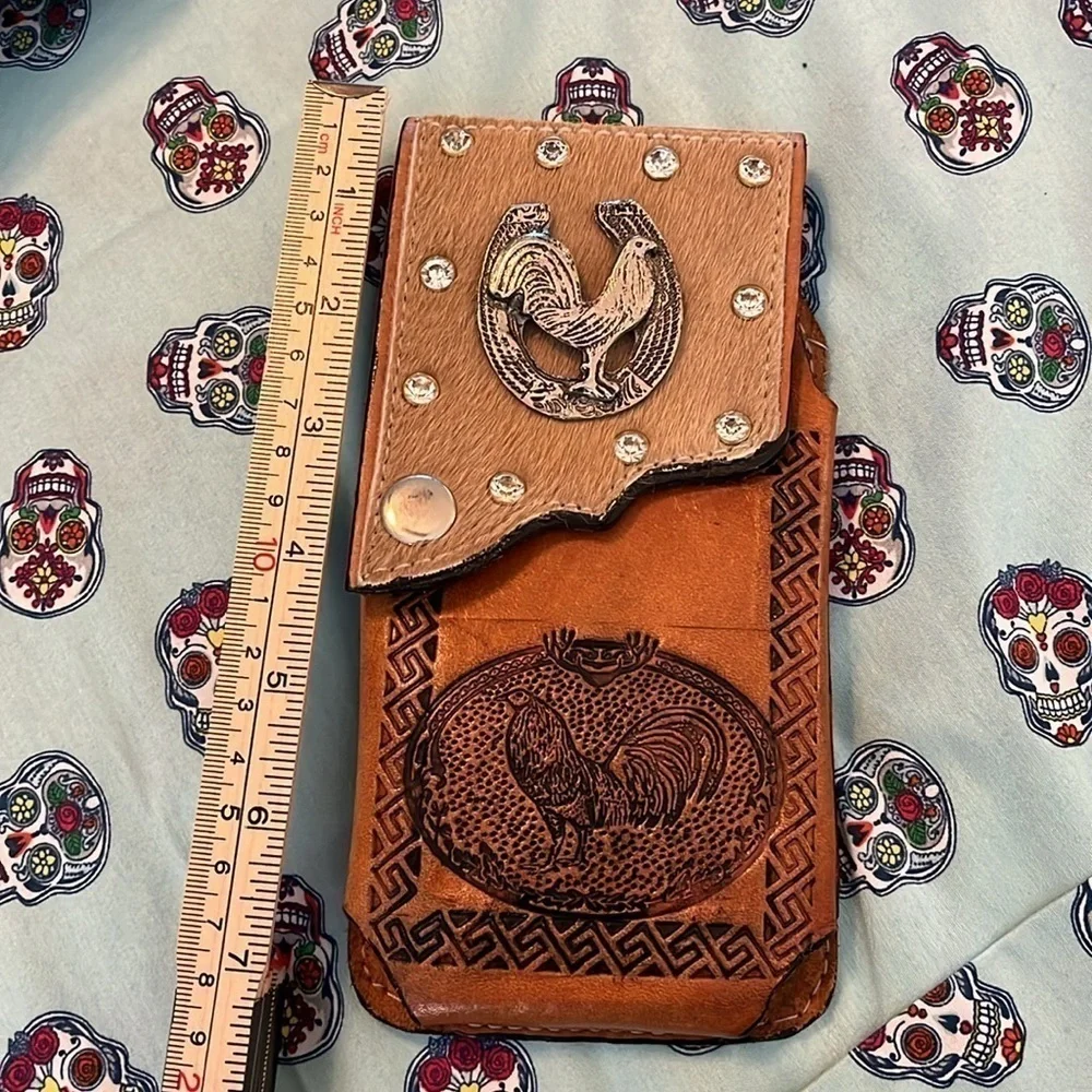 Handmade Cowboy Belt Loop Bag Carved Leather Rooster Wild West